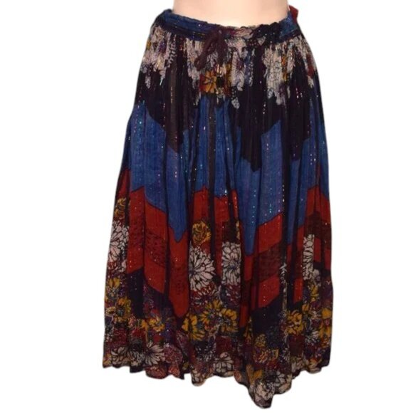 Multi Color Drawstring Skirt with Metallic Threads Floral Print - Picture 1 of 4